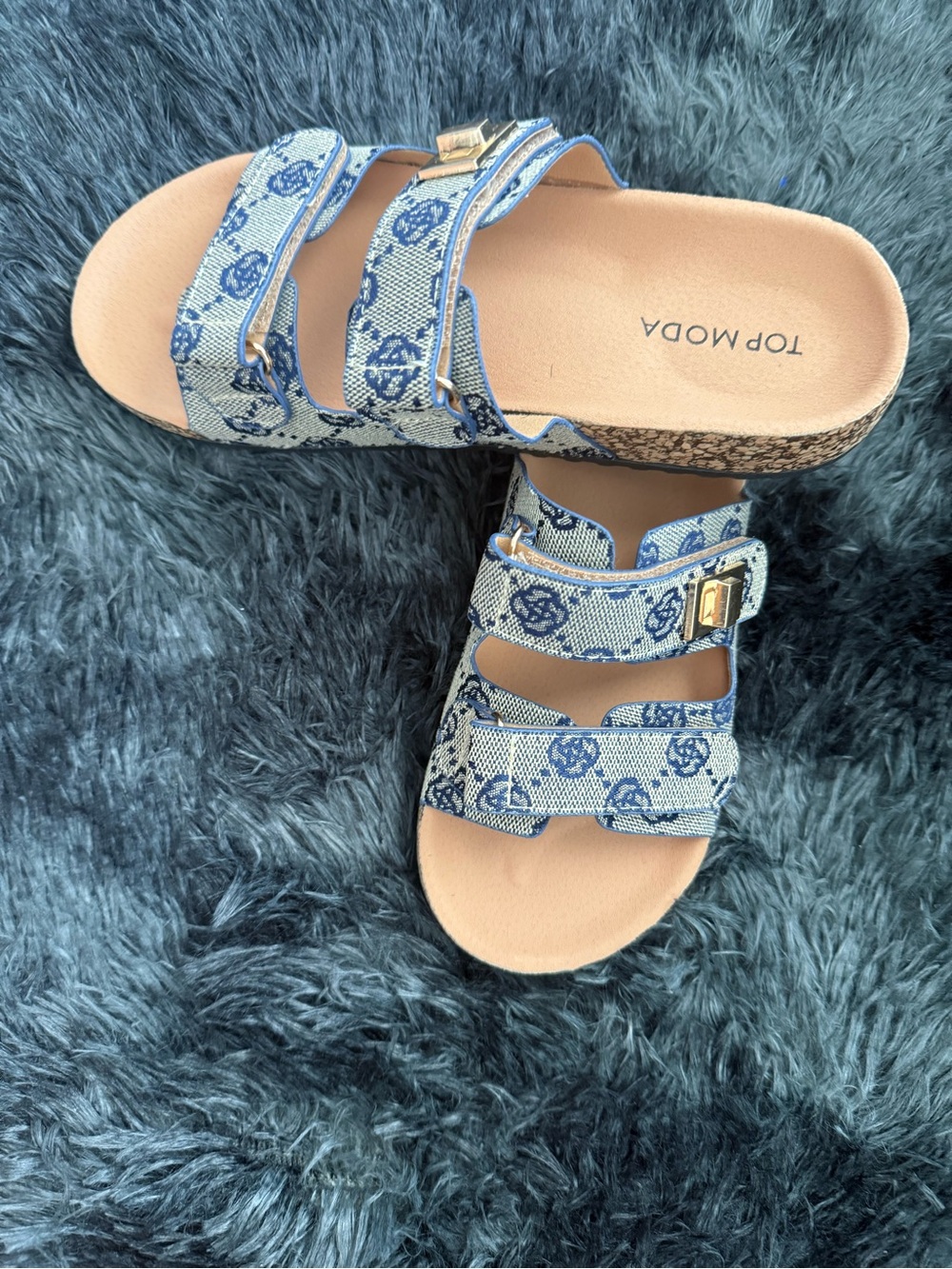 New Look Blue Patterned Triple-Strap Slide Sandals